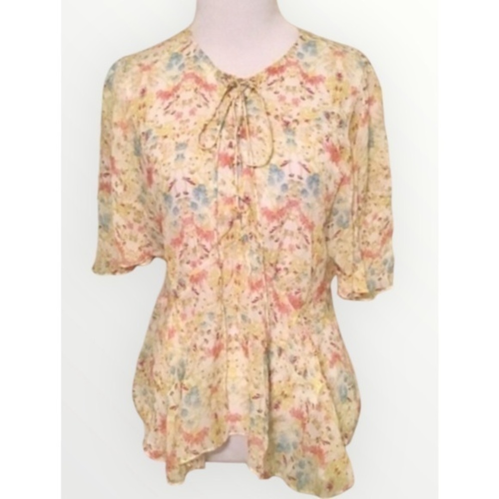 Zara Yellow Floral Short Sleeve Lace Up Front Dainty Boho SemiSheer Blouse S NWT